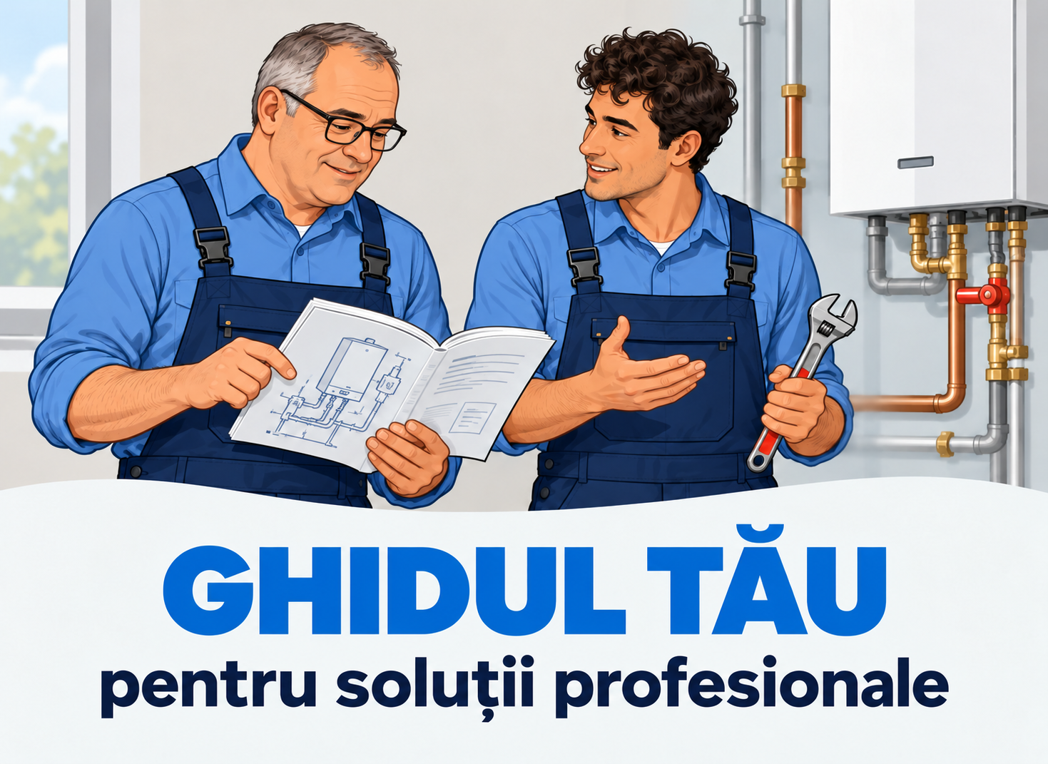 Ghidul tău pentru soluții profesionale – doi tehnicieni consultă un ghid de instalații